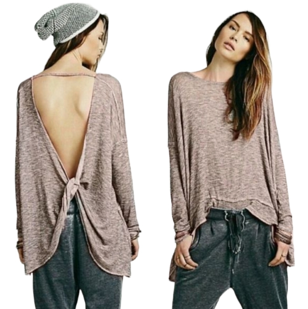 Free People Off-Shoulder Open-Back Knit Sweater in Mauve